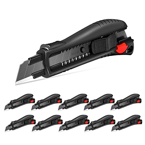 HAUTMEC 18mm Soft Grip Auto-Lock Utility Knife With Red Safety Switch, Sturdy Cutter with Ultra Sharp Black Snap-off Blade, HT0081-10PC - style: 18mm Knife-10PCS
