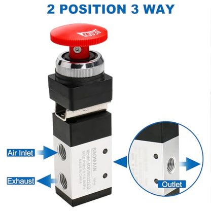 Baomain Pneumatic Mechanical Valve MSV-98322EB 1/4"PT 2 Position 3 Way Reset Mushroom Button - size: Emergency Stop(3-Way)