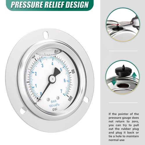 0-100PSI Panel Mount Front Flanged Glycerin Filled Pressure Gauge, 2.5" Dial Size, 1/4" MNPT Back Mount, Stainless Steel Case, with Phillips Screw and Nut, for Water, Gas, Liquid Pressure - color: Liquid Filled - Stainless Steel Case, size: 0-100PSI