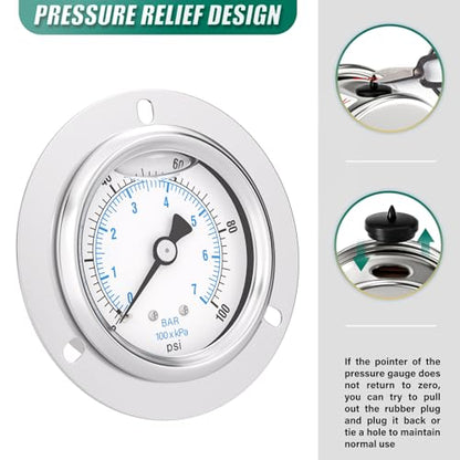 0-100PSI Panel Mount Front Flanged Glycerin Filled Pressure Gauge, 2.5" Dial Size, 1/4" MNPT Back Mount, Stainless Steel Case, with Phillips Screw and Nut, for Water, Gas, Liquid Pressure - color: Liquid Filled - Stainless Steel Case, size: 0-100PSI
