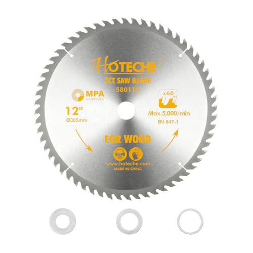Hoteche 12-Inch Circular Saw Blade for Wood 60-Tooth Tungsten Carbide-Tipped Blade High-Performance Professioal Saw Blade for Miter Saw and Table Saws with 1-1/4-inch, 1-3/16-inch, 1-inch Arbor - size: 12-Inch, style: 60-Tooth