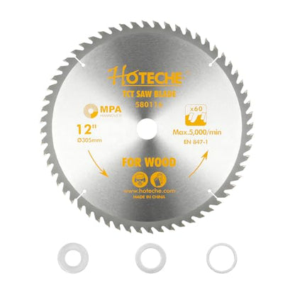 Hoteche 12-Inch Circular Saw Blade for Wood 60-Tooth Tungsten Carbide-Tipped Blade High-Performance Professioal Saw Blade for Miter Saw and Table Saws with 1-1/4-inch, 1-3/16-inch, 1-inch Arbor - size: 12-Inch, style: 60-Tooth