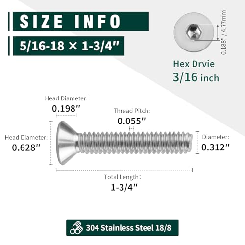 5/16-18 x 1-3/4 Flat Countersunk Head Socket Cap Screws, Full Machine Thread Coverage, Allen Hex Drive, 304 Stainless Steel 18-8 SS, 10 PCS - size: 5/16-18 x 1-3/4"