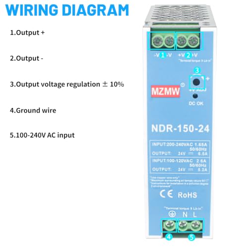 CNCTOPBAOS NDR 150W 24V DC 5.2A Industrial DIN Rail Switching Power Supply - style: NDR-150-24
