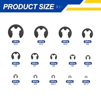 550Pcs M1.5-M15 External Retaining Ring E Clip Snap Rings - size: M1.5-M15