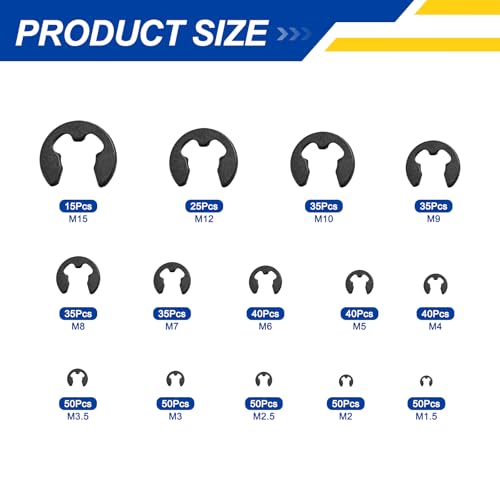 550Pcs M1.5-M15 External Retaining Ring E Clip Snap Rings - size: M1.5-M15