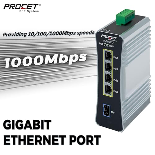 PROCET Gigabit PoE Switch 4-Port Din Rail, 90W/Port, Industrial PoE++ Fiber Media Converter with Wide Temp -40°F to 149°F, SFP Slot, IEEE802.3af/802.3at/802.3bt, PT-PIS4PB1S