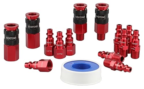 YOTOO 15 Pieces Universal Air Coupler and Plug Kit, Quick Connect Air Hose Fittings, Heavy Duty Aluminum Air Fittings, Lightweight, Push to Connect air tools and air compressor, Red - color: Red, size: 15 Pieces Kit