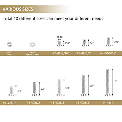 252 Pieces #4-40 x 3/16", 1/4", 5/16", 3/8", 1/2", 5/8", 3/4", 1", Countersunk Head Socket Cap Screws Nuts Washers Assortment Kit, 304 Stainless Steel, Fully Machine Thread - size: #4-40, style: Countersunk Head