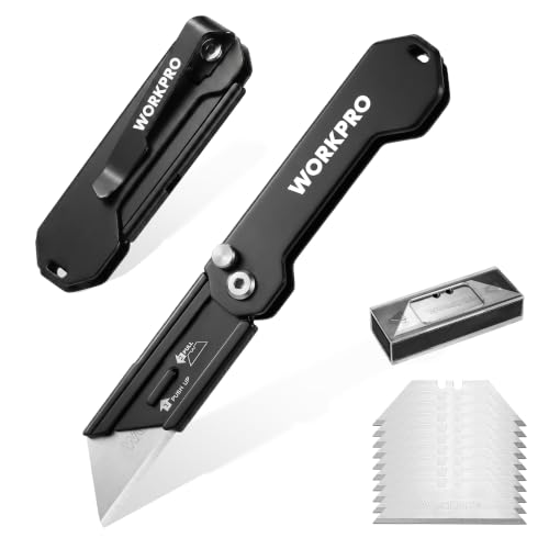 WORKPRO 2PCS EDC Folding Utility Knife, Mini Box Cutter with Quick Open Axis Lock, Quick Change Blade Razor Knife, Foldable Small Pocket Knife with Belt Clip, 2 Packs with 10 Extra Blades - color: Black