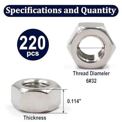 ZQZ #6-32 Hex Nuts,220PCS Stainless Steel Hardware Nut 304 ss Threaded Nut - size: SAE 6#32;220 PCS