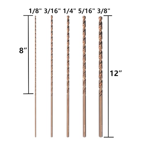 Cobalt Extra Long Drill Bits Set(5PCS), M35 High Speed Steel Extension Drill Bit, 12" Deep Hole Drilling for Stainless Steel, Plastic and Wood - size: 5PCS(1/8"-3/8")