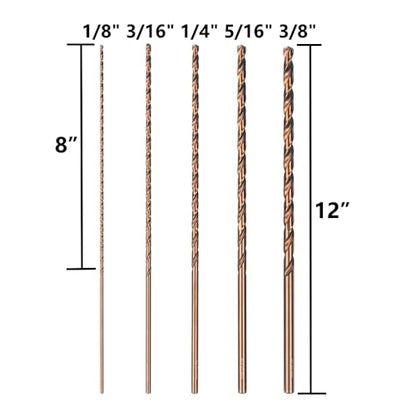 Cobalt Extra Long Drill Bits Set(5PCS), M35 High Speed Steel Extension Drill Bit, 12" Deep Hole Drilling for Stainless Steel, Plastic and Wood - size: 5PCS(1/8"-3/8")