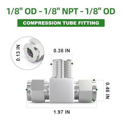 TAISHER 2PCS 304 Stainless Steel Compression Tube Pipe Fitting Connector, 1/8" Tube OD x 1/8" NPT Male x 1/8" Tube OD Tee Adapter - size: 1/8" OD x 1/8" MNPT x 1/8" OD Tee