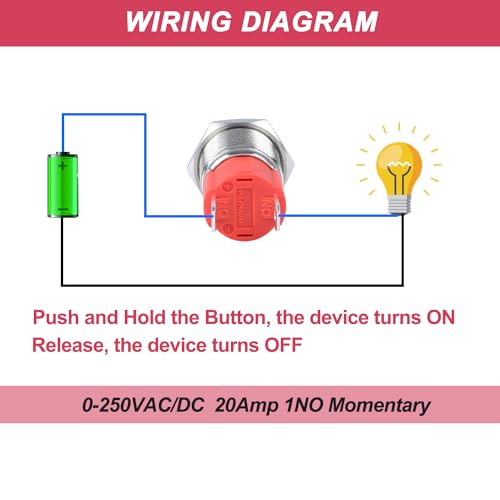 16mm Heavy Duty Momentary Metal Push Button Switch Waterproof Anti-Vandal Large Current 20Amp 12V 24V 110V (ON)-Off 1NO 2 Pins with Pre-Wired Socket for 5/8" Mounting Hole Without LED - color: Silver, size: 16mm Momentary