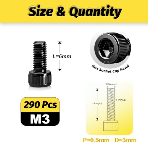 KADRICK 290PCS M3 x 6mm Hex Socket Head Cap Screws, M3-0.5 Fully Threaded - size: M3x6MM 290PCS