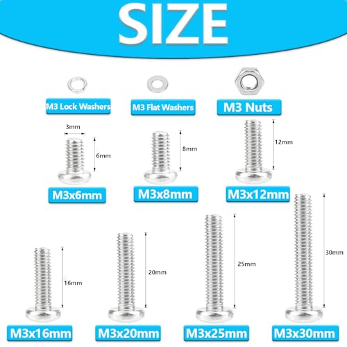 540pcs M3 Phillips Pan Head Machine Screws, Metric Screws Bolts Washers Nuts Kit, 304 Stainless Steel (M3 x 6mm / 8mm / 12mm / 16mm / 20mm / 25mm / 30mm) - size: M3, style: Phillips Pan Head