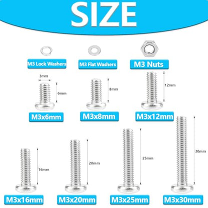 540pcs M3 Phillips Pan Head Machine Screws, Metric Screws Bolts Washers Nuts Kit, 304 Stainless Steel (M3 x 6mm / 8mm / 12mm / 16mm / 20mm / 25mm / 30mm) - size: M3, style: Phillips Pan Head