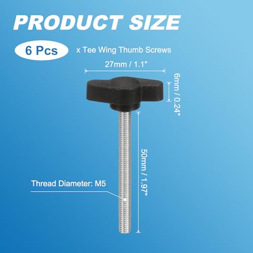 PATIKIL M5 x 50mm Tee Wing Thumb Screws, 6Pcs Carbon Steel Mechanical Handle Bolt Thumb Screws for Remove Replace Hand Clamping Tightening Knobs Power Supply, Black - size: M5 x 50mm