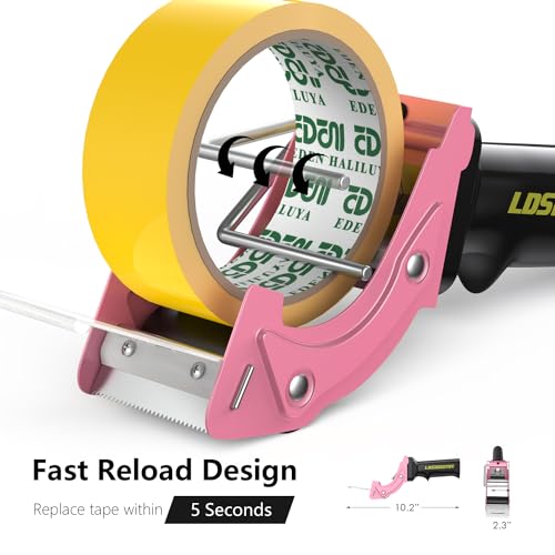 Rapid-Replace Packing Tape Dispenser Gun with Tape and Extra Blade, 2IN(50mm) Lightweight Ergonomic Industrial Handheld Heavy Duty Tape Cutter for Carton, Packaging and Box Sealing, Pink - color: Pink
