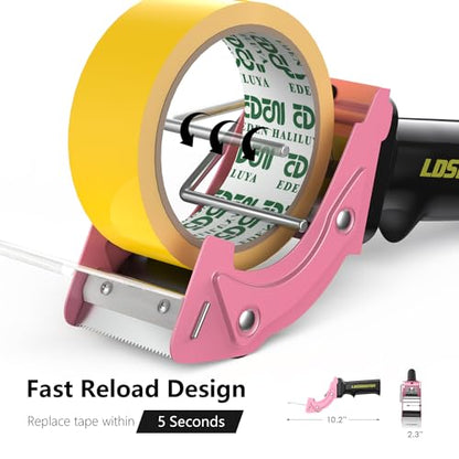 Rapid-Replace Packing Tape Dispenser Gun with Tape and Extra Blade, 2IN(50mm) Lightweight Ergonomic Industrial Handheld Heavy Duty Tape Cutter for Carton, Packaging and Box Sealing, Pink - color: Pink