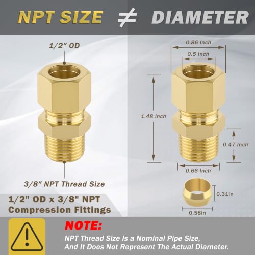 1/2" OD x 3/8" NPT Male Brass Compression Union Fitting, 5 Pack Straight Tube Coupling Adapter with 1M PTFE Teflon Tape for Air Water Plumbing Systems - size: 5Pcs-1/2" OD x 3/8" NPT