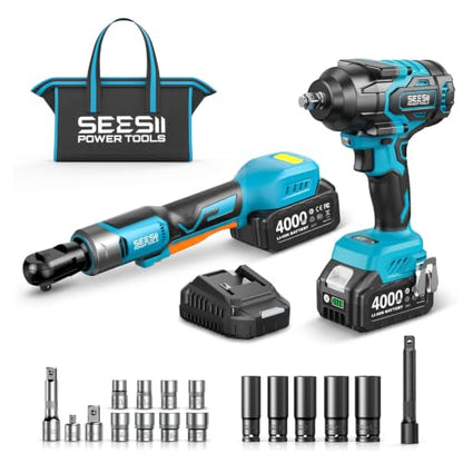 Seesii 1/2" Impact Wrench & 3/8" Ratchet Combo Kit for Auto Repair - size: 1000 N.m