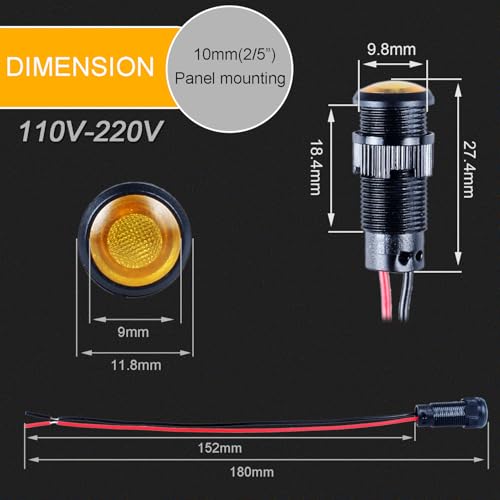 5pcs 10mm LED Indicator Light Plastic Black Signal Dot Lamp 110-220VAC 2/5" Mounting Hole Size with 15cm/5.9in. Wire (Yellow LED) - color: Yellow, size: 10mm 110-220V