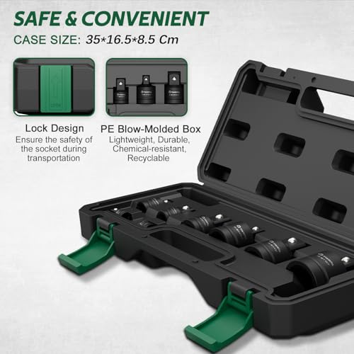 8 Pcs Impact Socket Adapter & Reducer Set, CR-MO, 1/4", 3/8", 1/2", 3/4", 1" Drive Socket Adapter Set with Blow Molded Case for Mechanic, Industrial Repair, Socket, Wrench, Driver Conversions