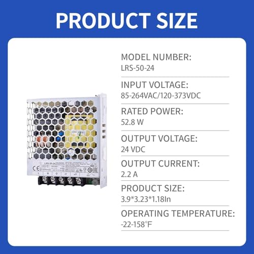 LRS-50-24 24V 2.2A 50W Single Output Compact Power Supply, 85-264VAC Universal Input, for Industrial Automation, Building Control, and More