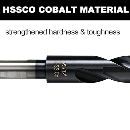 23/32 Drill Bit for Metal and Hardened Steel, M35 Cobalt 1/2 Inch Reduced Shank Industrial Grade Heavy Duty Drill Bit, with Index Storage Case - size: 23/32 in
