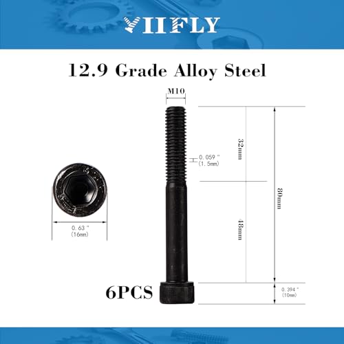 M10-1.5 x 80mm Socket Head Cap Screws, M10x1.5 Bolt, 12.9 Grade Alloy Steel, Allen Socket Drive, Black Oxide Finish, Half Thread, Quantity 6 - size: M10 x 80mm(6PCS)