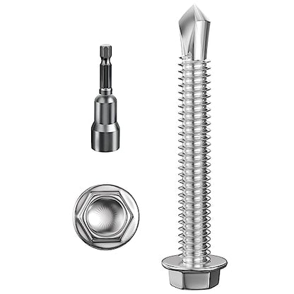 Wensilon (200Pcs) #8×1-1/4" Hex Washer Head Self Drilling Screws, 410 Stainless Steel Metal SheetScrews，TEK Screws, Sheet Metal Self Tapping Screws - color: Silver, size: #8×1-1/4"