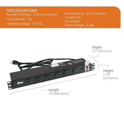 Tecmojo 1U Rackmount Network-Grade PDU, 12 Wide-Spaced Right Angle Outlets, Circuit Breaker 12A (UL Certified 12A) 6ft Cord w/ 5-15P Plug, Black(SKU# 13111201) - size: 12 Outlets/12A/Overloading Protection