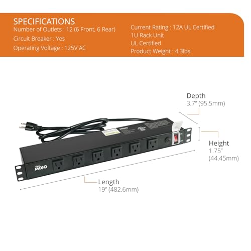 Tecmojo 1U Rackmount Network-Grade PDU, 12 Wide-Spaced Right Angle Outlets, Circuit Breaker 12A (UL Certified 12A) 6ft Cord w/ 5-15P Plug, Black(SKU# 13111201) - size: 12 Outlets/12A/Overloading Protection