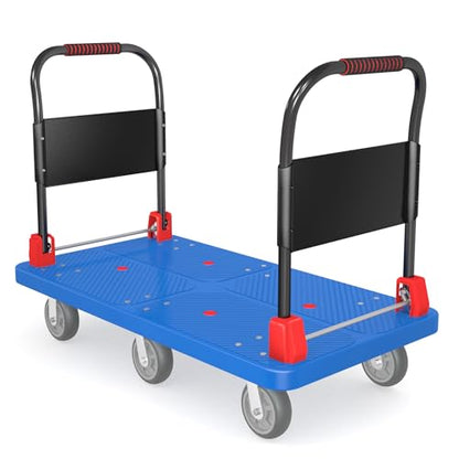 2200 lb Heavy Duty Platform Truck with Dual Handrails & 6 Rubber Wheels - color: Blue-50" Lx27 W