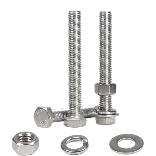 MroMax 5 Sets 3/8-16 x 3 Hex Head Screw Bolt, Nuts, Flat Washer & Spring Lock Washers Kits,Fully Threaded, Stainless Steel 18-8（304）, Bright Finish - size: 3/8-16 × 3" (5 Sets)