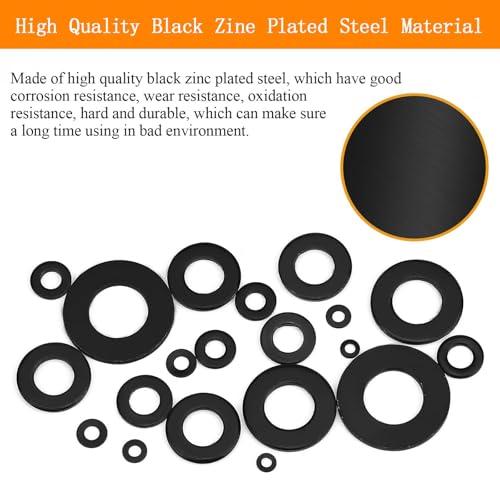 1100Pcs 9 Sizes M2-M12 Black Flat Washers for Screws & Bolts - color: Black-M2/2.5/3/4/5/6/8/10/12-1100Pcs