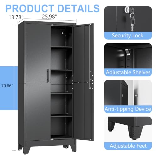 70.86" Metal Garage Storage Cabinet, Lockable Tall Tool Cabinet, Black - color: Black, size: 13.78"D x 25.98"W x 70.86"H