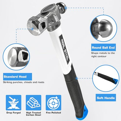 Real Steel Ball Peen Hammer 16 oz, Metalworking Tool Ball Pein Hammer (Graphite)