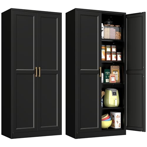 Polup Pantry Cabinet, 71" Tall Metal Storage Cabinet with Doors and Shelves - color: Black, size: 71"H with No Drawers