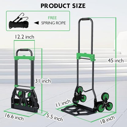Heavy-Duty 330LB Capacity Hand Truck with Stair-Climbing Wheels & One-Touch Retractable Handle - Q235 Steel Collapsible Dolly Cart, 4.2-Inch Triple Wheels, Elastic Strap & Sponge Grip (Green) - color: Green