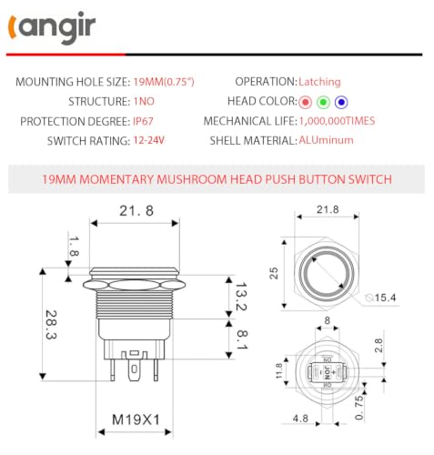 15Amp Latching Push Botton Switch 2PCS,19mm(0.75”) 12V-24V Black Shell AC/DC IP67 Waterproof with Green LED Angel Eye Light On and Off with Wire Socket. - color: green, size: 19mm