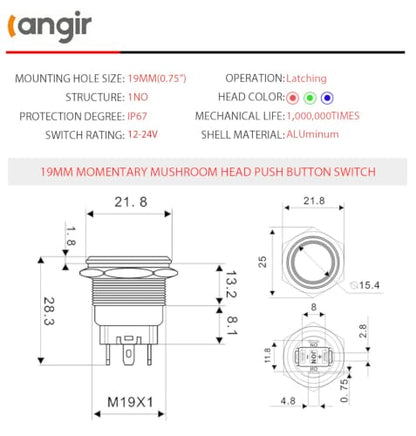 15Amp Latching Push Botton Switch 2PCS,19mm(0.75”) 12V-24V Black Shell AC/DC IP67 Waterproof with Green LED Angel Eye Light On and Off with Wire Socket. - color: green, size: 19mm