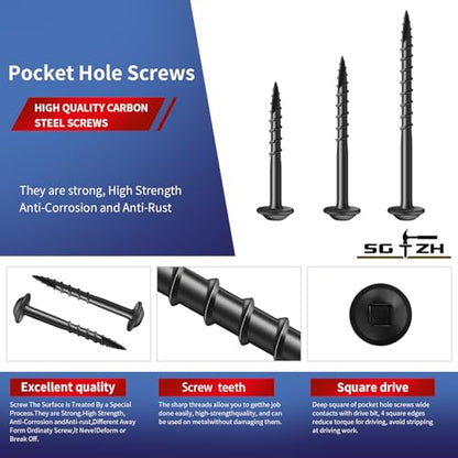 Pocket Hole Screws #8 x 2 Inch (250Pcs) 2lb. Carbon Steel, Black, Washer Head, Coarse Thread, Square Drive,150MM Drive Bit Included - color: Black, size: #8 x 2"