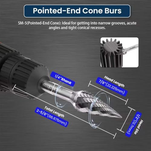 LU&MN SM-5 Tungsten Carbide Burr, Double Cut, 1/2" Head, 1/4" Shank, 3 Pcs - style: SM-5,3PCS