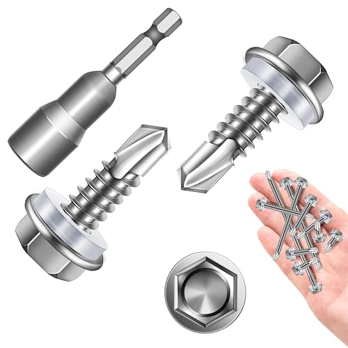 Sheet Metal Screws 100Pcs #12 x 3/4" Self Tapping Screws for Metal, 410 Stainless Steel Hex Head Self Drilling Screws for Metal Plastic Wood, High-Strength Quick Self-Tapping Screws by Marysino - color: Silver (#12), size: 3/4"