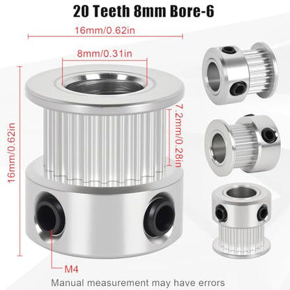 6 Pack GT2 Timing Belt Pulley 20 Teeth,8mm bore,synchronous Pulley (6, 20T-B8-6) - size: 20T-B8-6