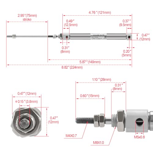 Heschen Stainless Steel Slim Air Pneumatic Cylinder, CDJ2B 10-75, M5 Port, 10mm Bore, 75mm Stroke, Double Acting Single Rod - size: 75mm Stroke