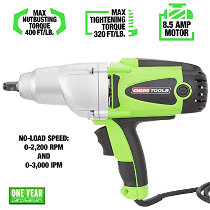 OEMTOOLS 24666 1/2” Drive Heavy Duty Impact Wrench, Corded 120v Impact Driver for Lug Nuts, Home Repairs, Automotive Maintenance, 8.5 Amp Electric Wrench, 400 Ft/Lb Maximum Torque